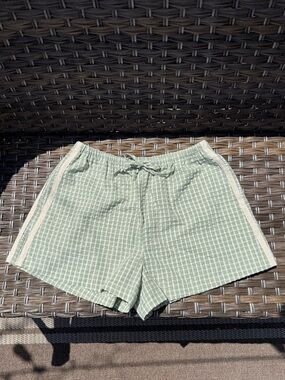 Rhythm. Light Green Checked Summer Drawstring Shorts with Cream Side Stripes
